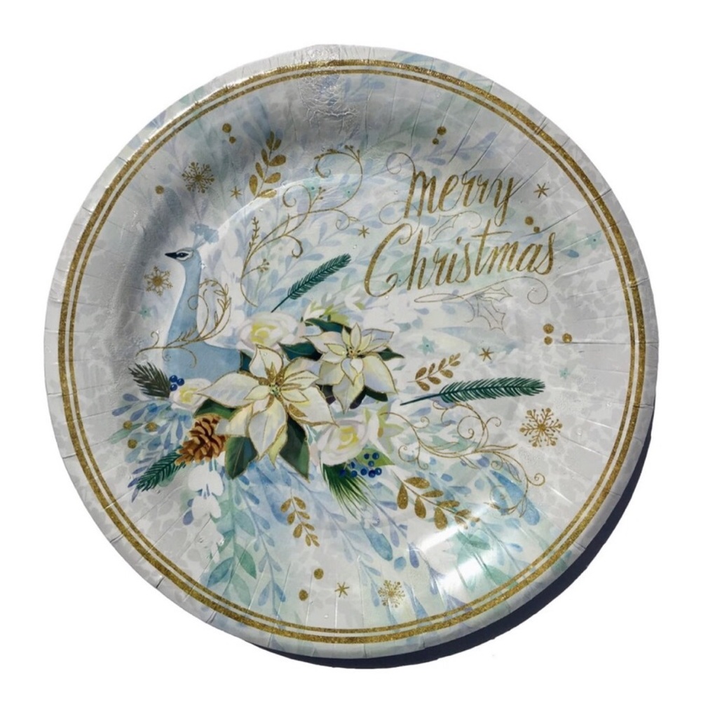 Punch Studio Blue Winter Peacock Large 10.5” Paper Plates, Set of 8 (66165)